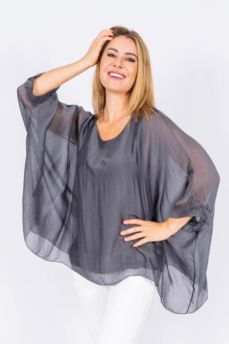 Allegra Batwing Silk Top Charcoal