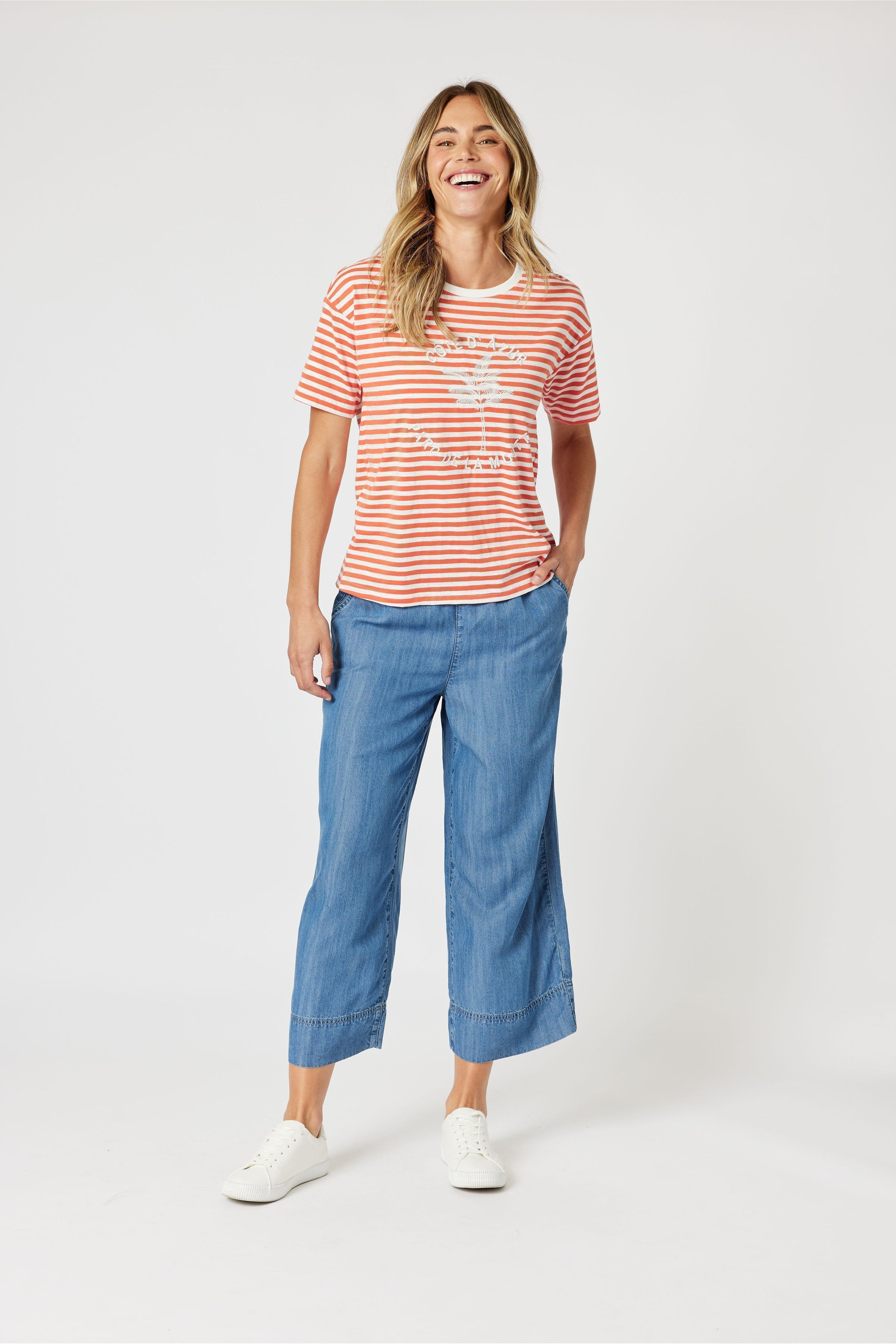 Cote D Azur Stripe Tee Papaya White