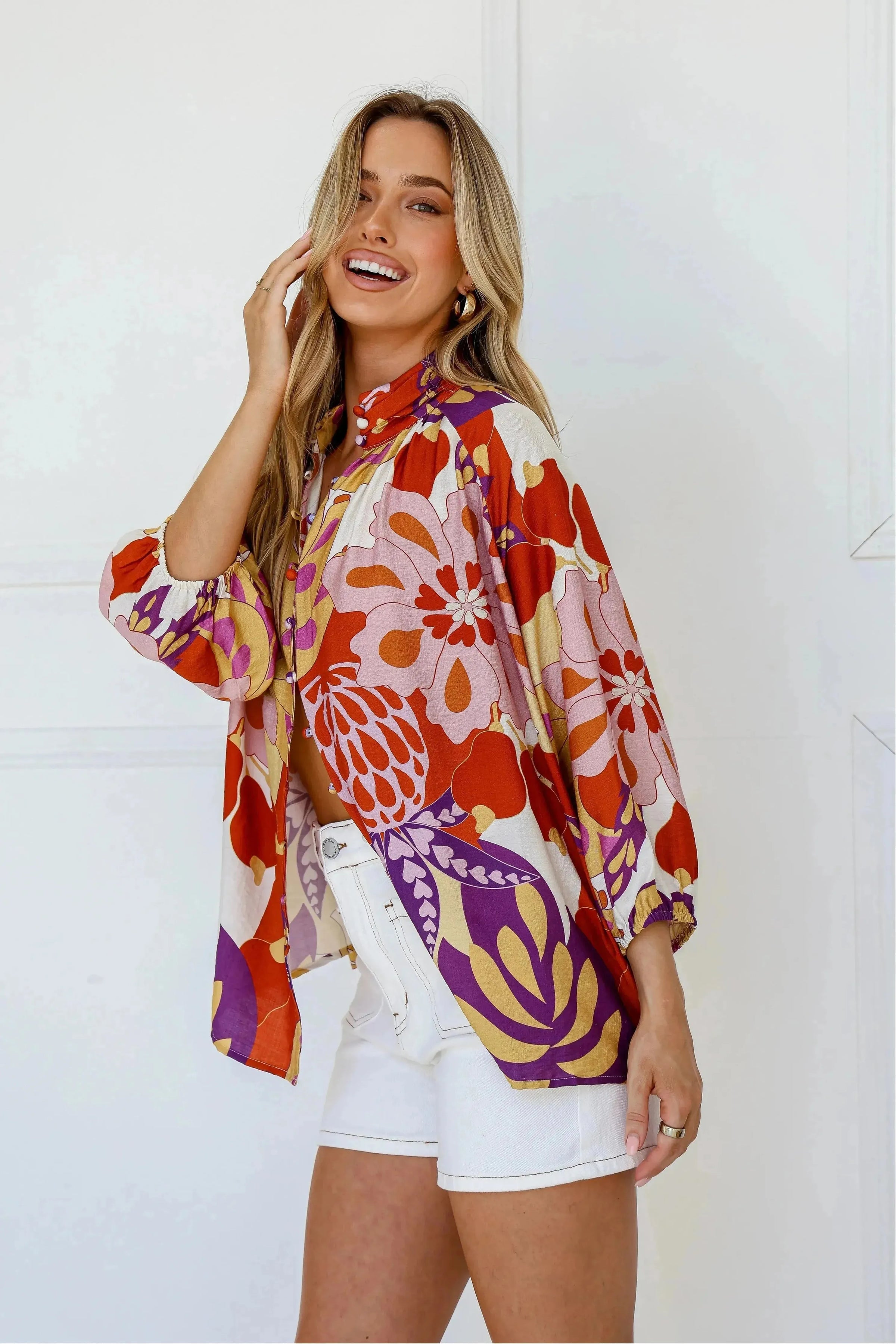 Oslo Multi Button Hi Neck Top Pink