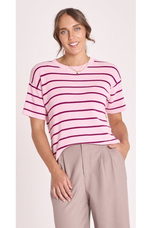 Jasper Knitted Tee Pink Burgundy Stripe