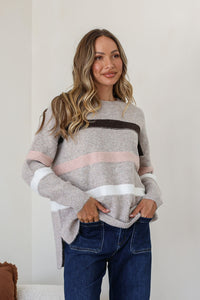 Aspen Stripe Knit Warm Beige/ Chocolate/Pink Stripe