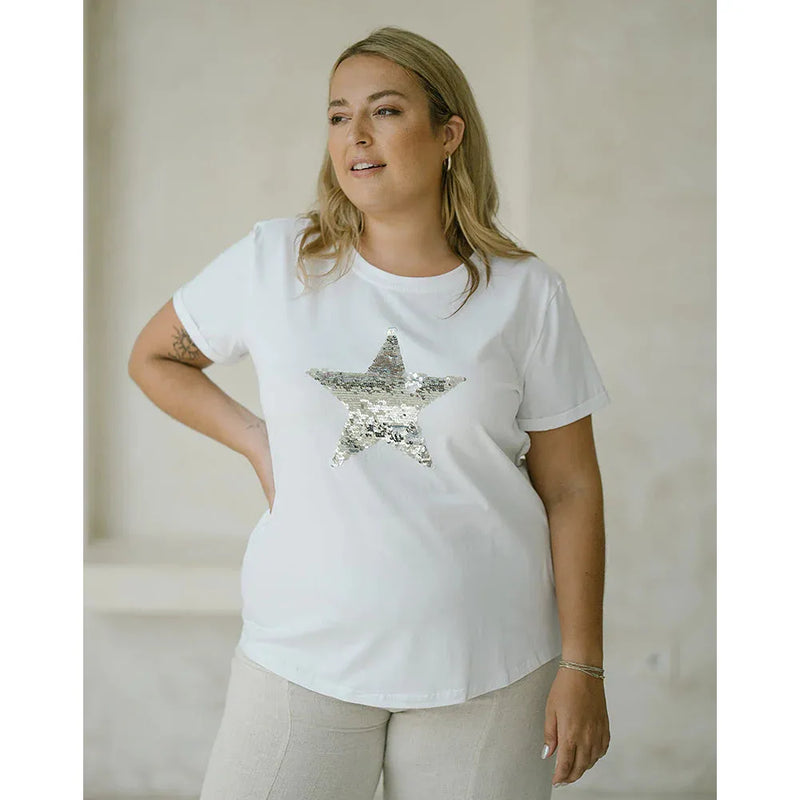 Star Sequin Tee White/Silver