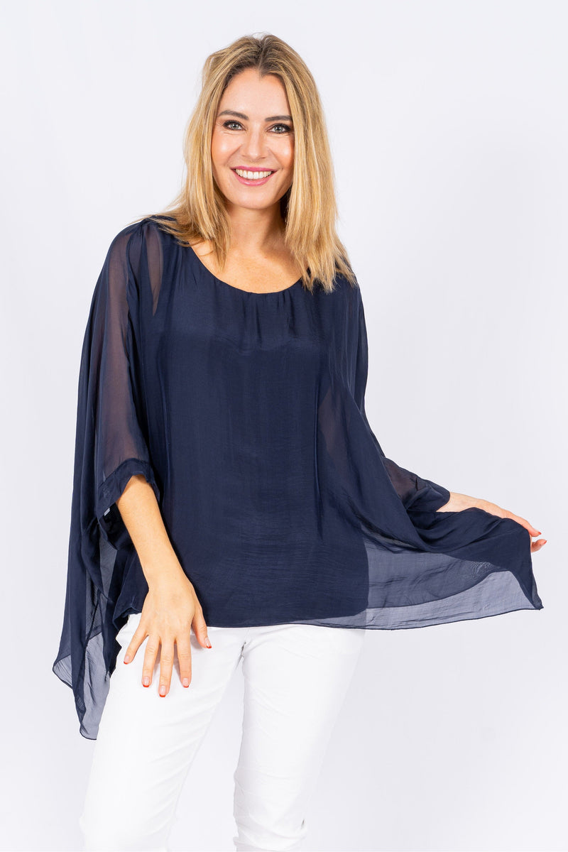 Allegra Batwing Silk Top Navy