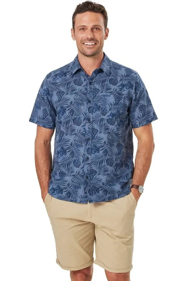 Linen Blend Hibiscus Print S/S Shirt