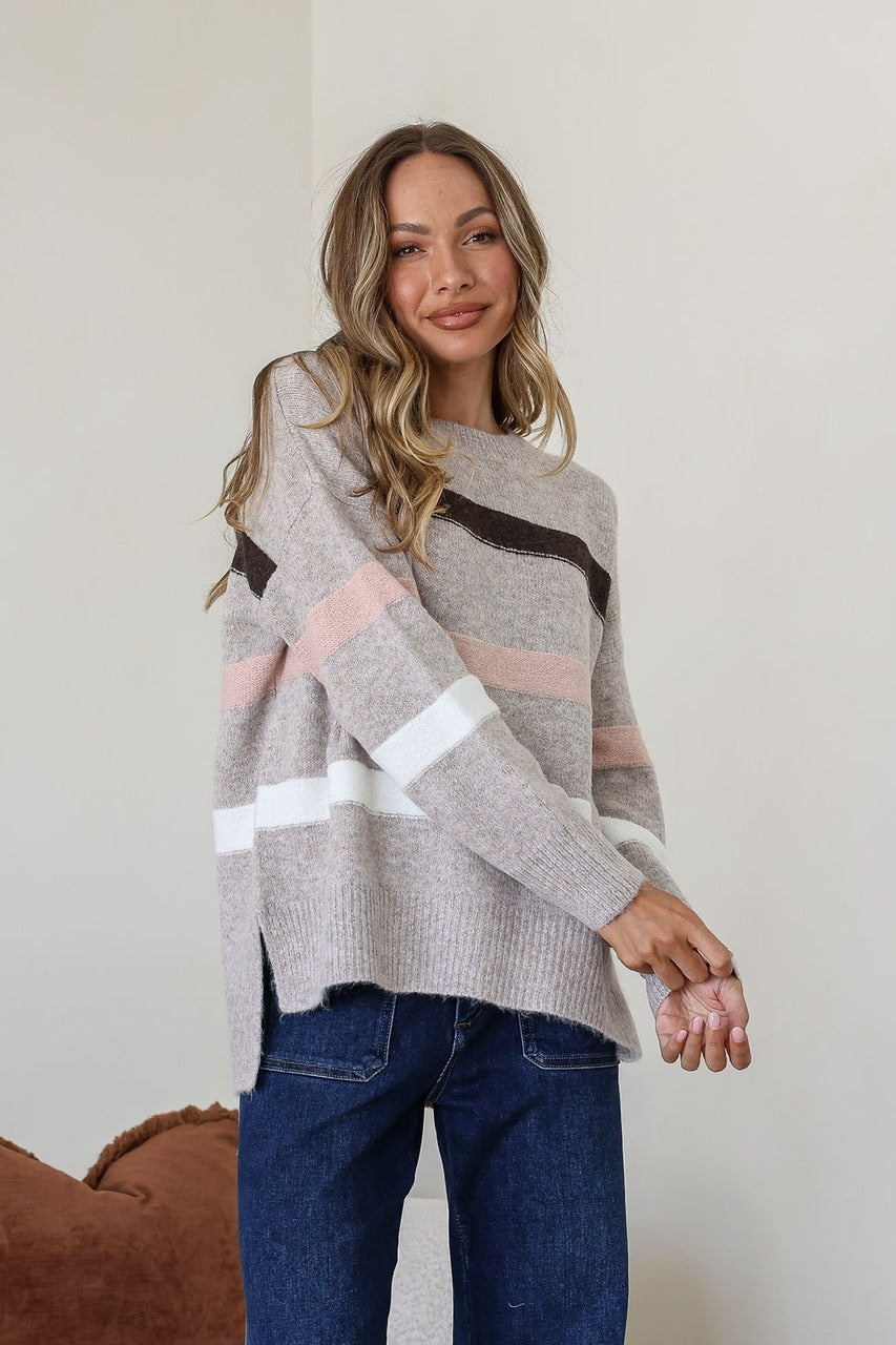 Aspen Stripe Knit Warm Beige/ Chocolate/Pink Stripe