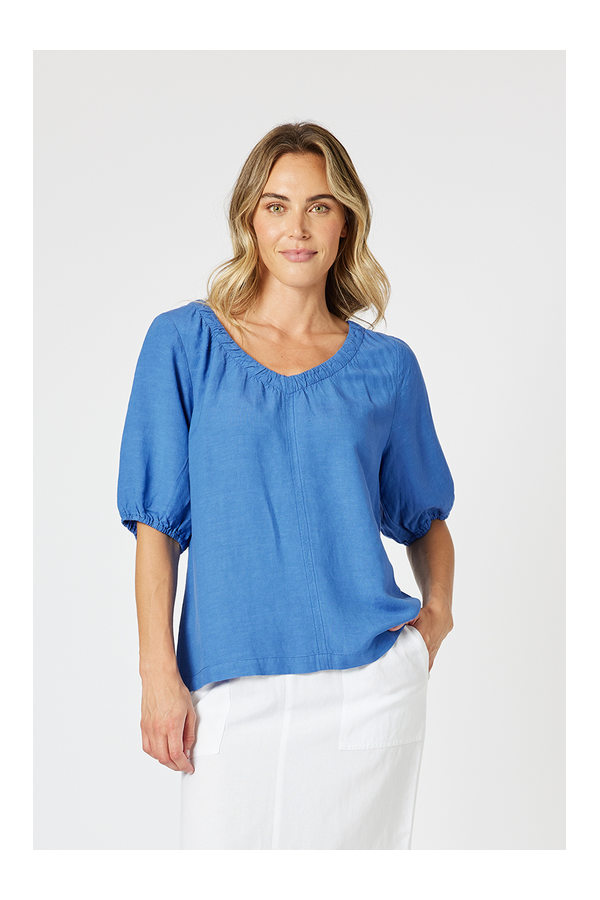 Lino V Neck Top Sardinia Blue
