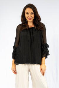 Rovigo Silk Ruffle Top Black