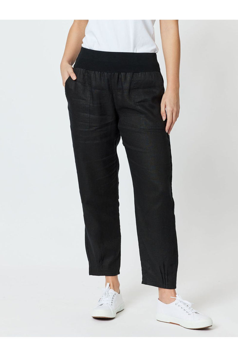 Ribbed Waist Linen Pant Black
