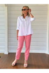Ribbed Waist Linen Pant Coral