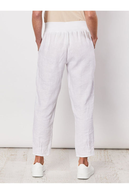Ribbed Waist Linen Pant White