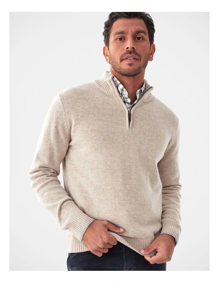 Wool Blend Half Zip Knit Taupe