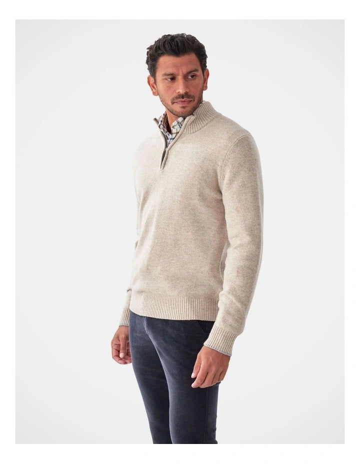 Wool Blend Half Zip Knit Taupe