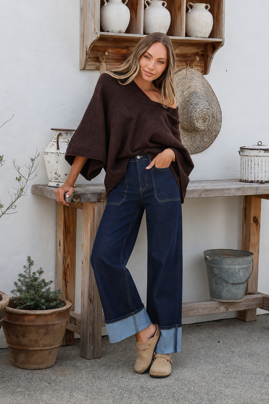 Ella Wide Leg Cuff Jean Dark Blue