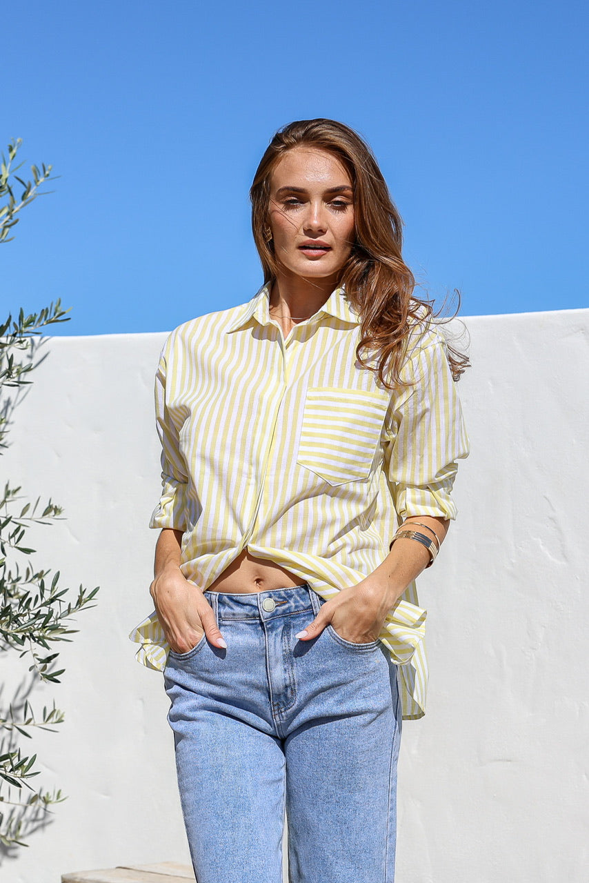 Daisy Stripe Cotton Shirt Lemon/White