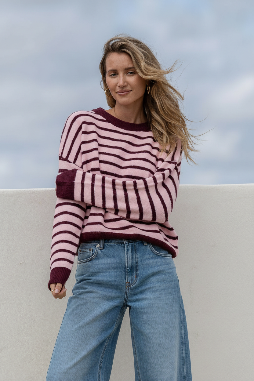 Zara Stripe Fluffy Knit Pink/Wine