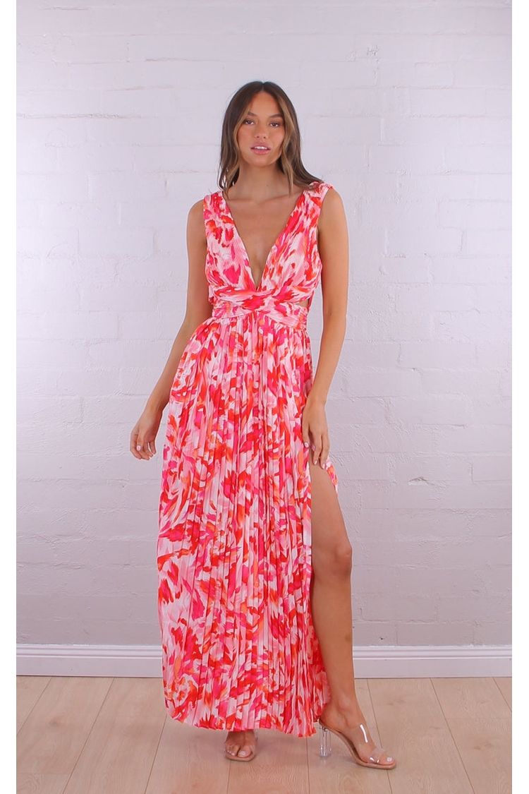 Corina Pleated Ruffle Maxi Dress Red