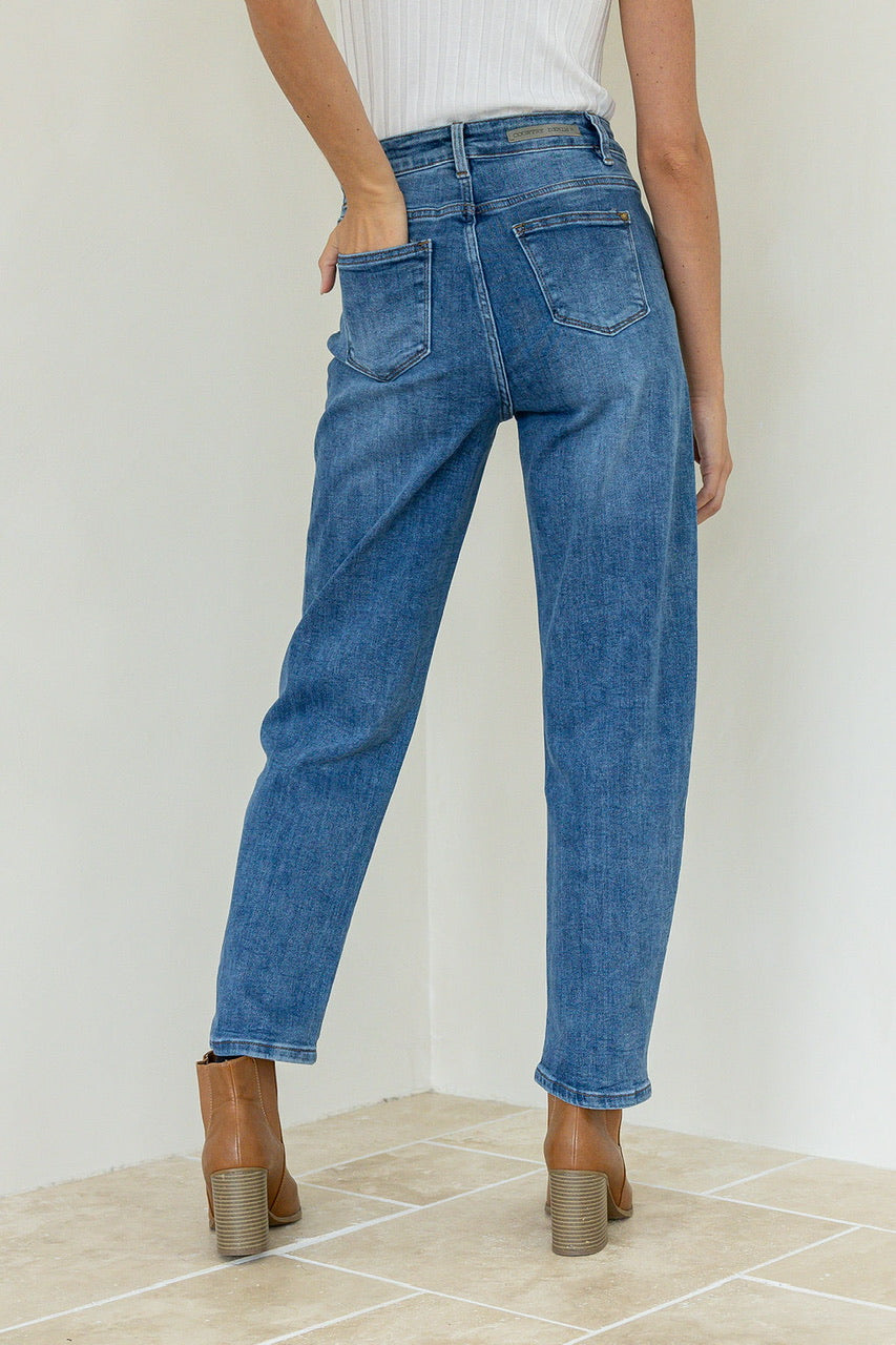 Barrel Leg Stretch Jean Mid Blue