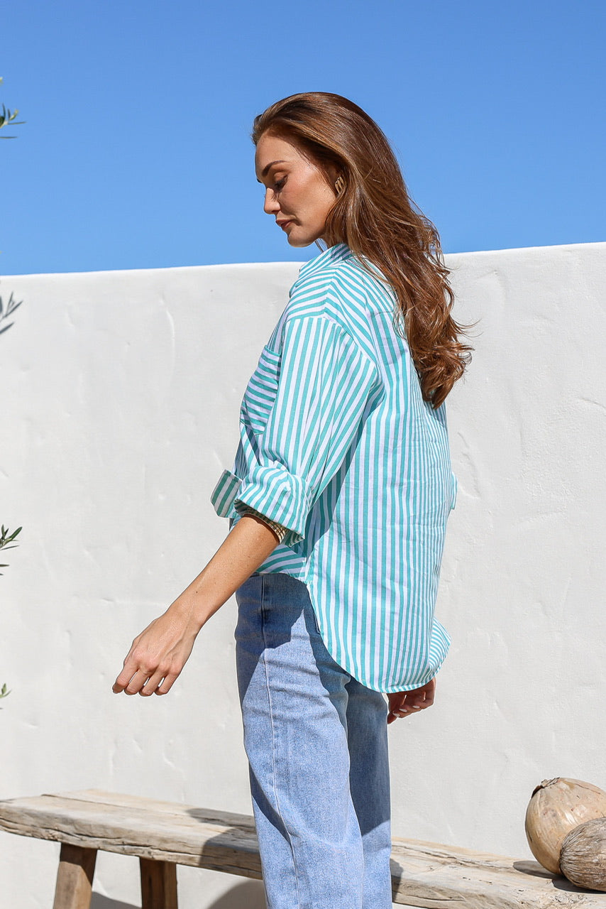 Daisy Stripe Cotton Shirt Green/White