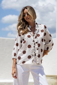 Polka Dot Ruffle Front Shirt White/Choc