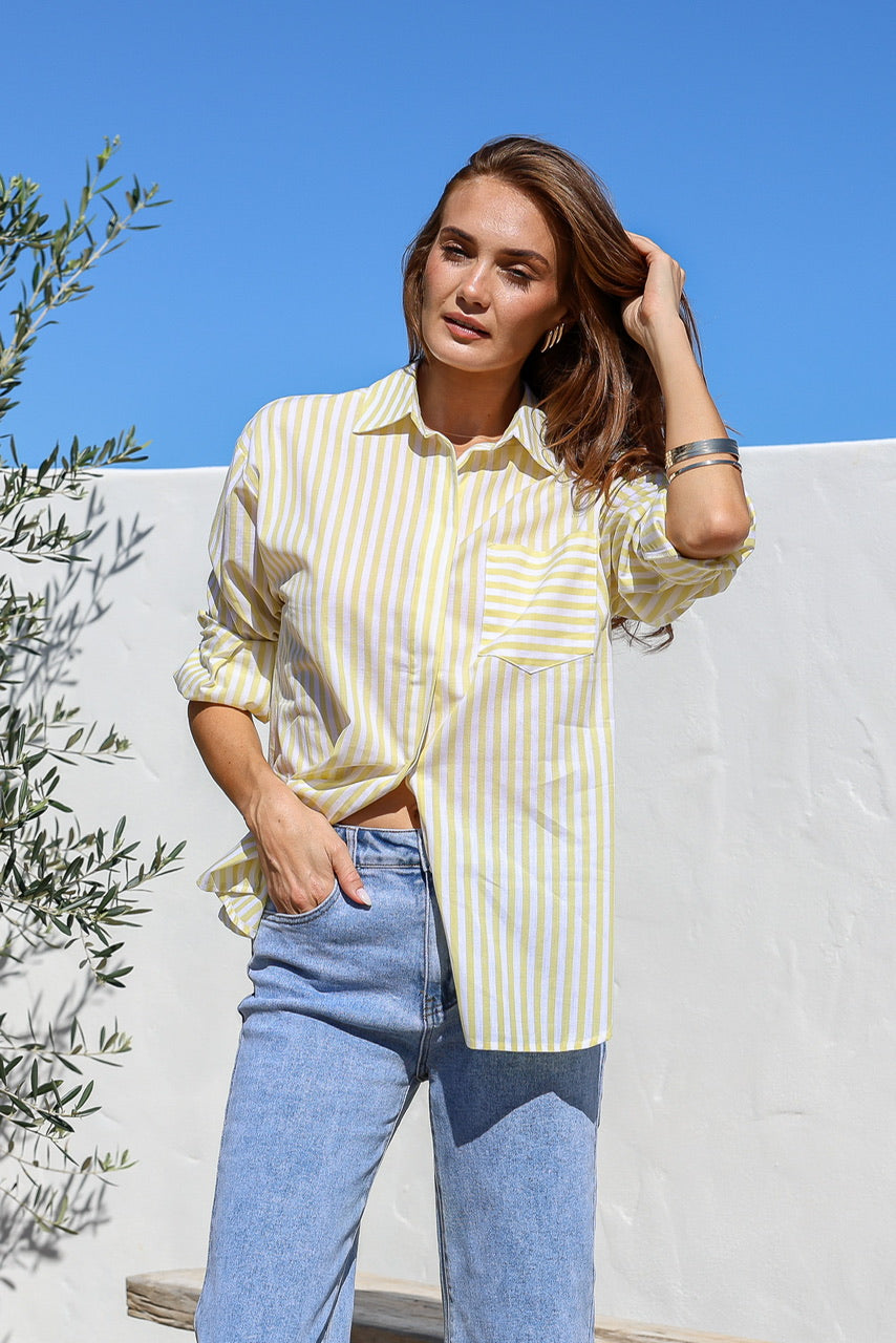 Daisy Stripe Cotton Shirt Lemon/White