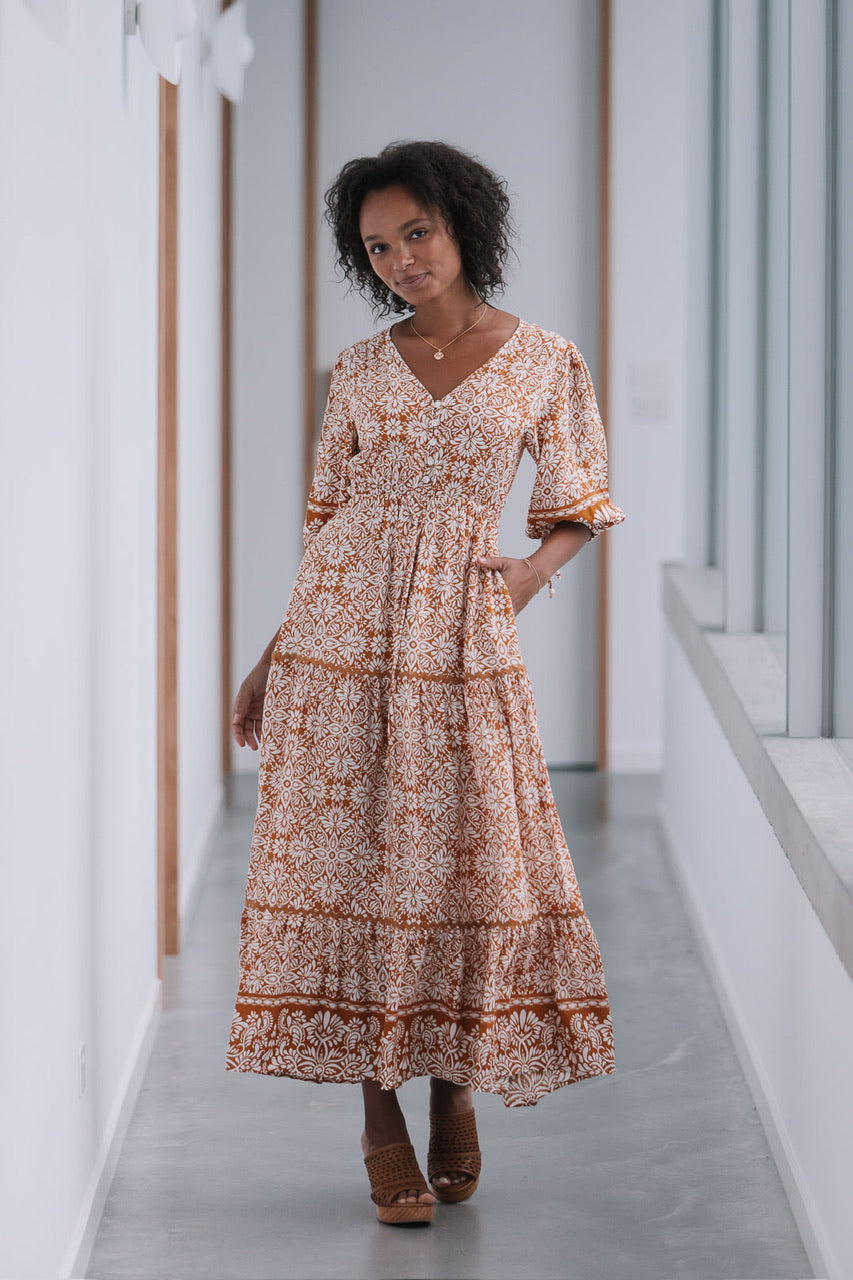 Nova Ric Rac Maxi Dress Tan/White