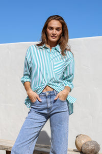 Daisy Stripe Cotton Shirt Green/White