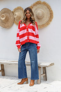 Brady Bunch Stripe Cardi Red/Pink