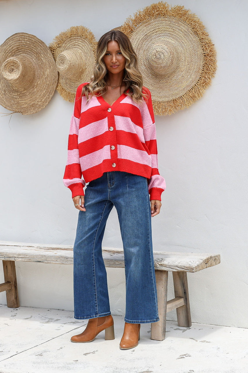 Brady Bunch Stripe Cardi Red/Pink