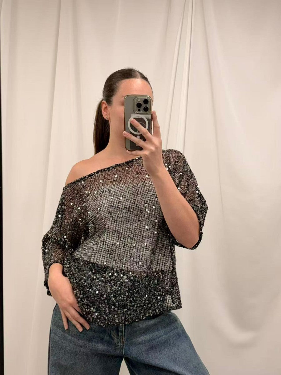 Della Sequin Top Black