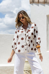 Polka Dot Ruffle Front Shirt White/Choc