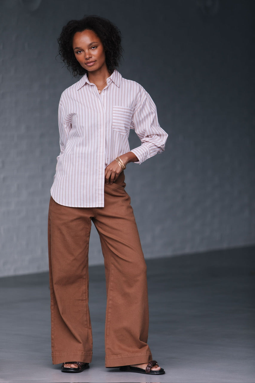 Daisy Stripe Cotton Shirt Latte/White