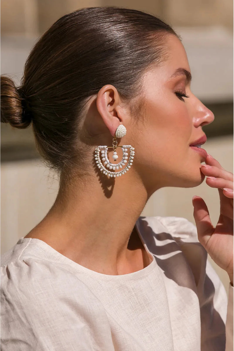 Beaded Crescent Moon Earrings Cream