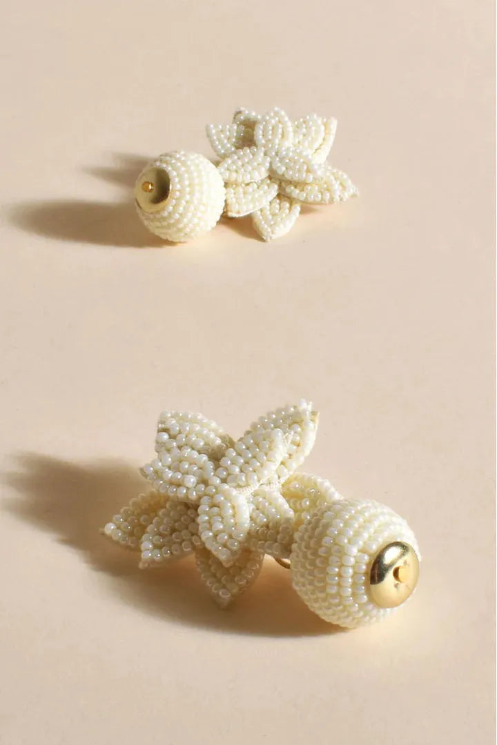 Beaded Flower & Ball Earring Cream