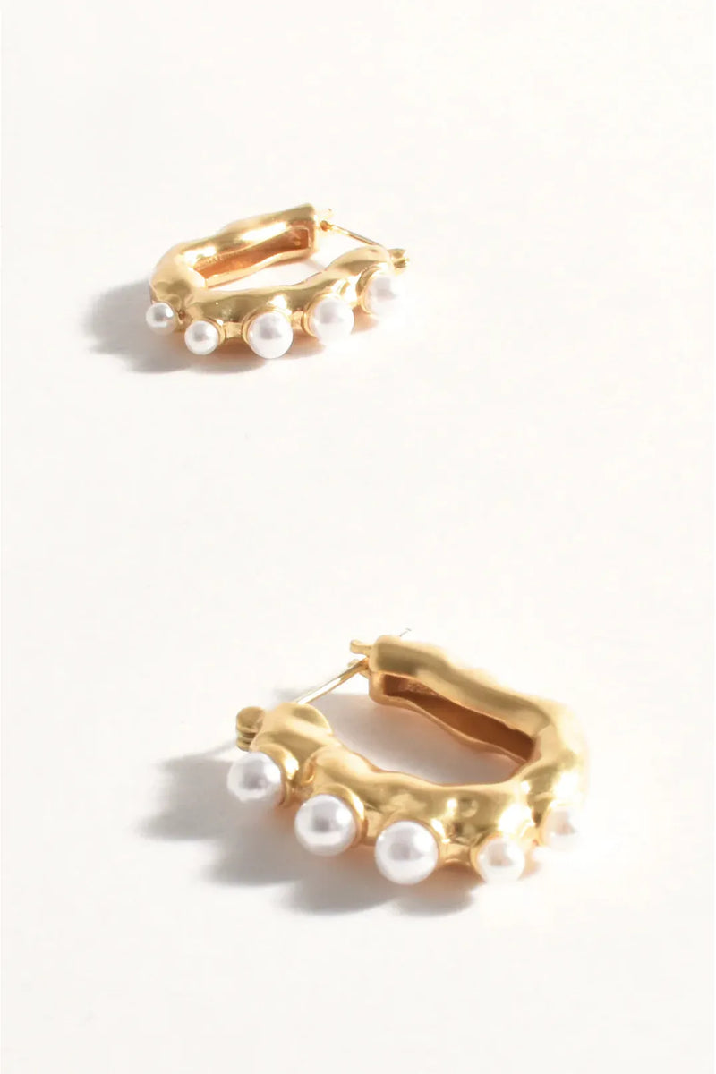 Faux Pearl Molten Hoop Earrings Gold