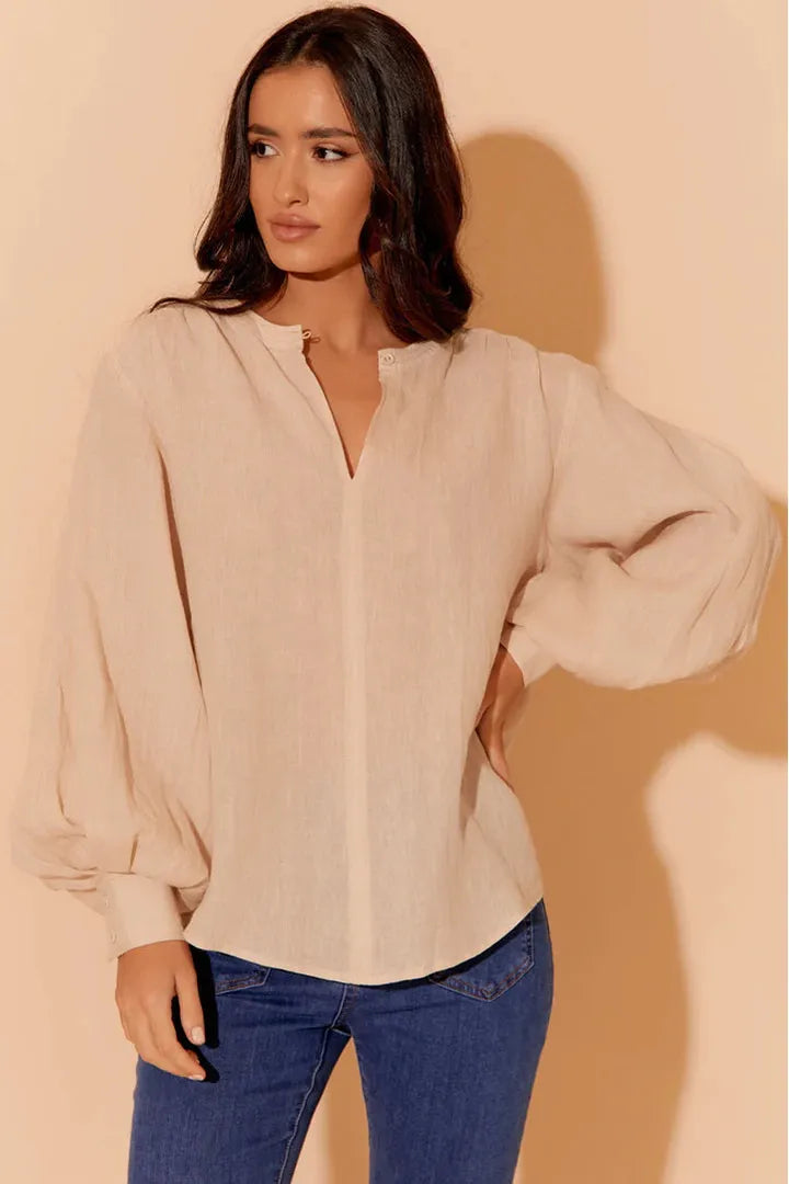 Sofia Longline Linen Top Cream