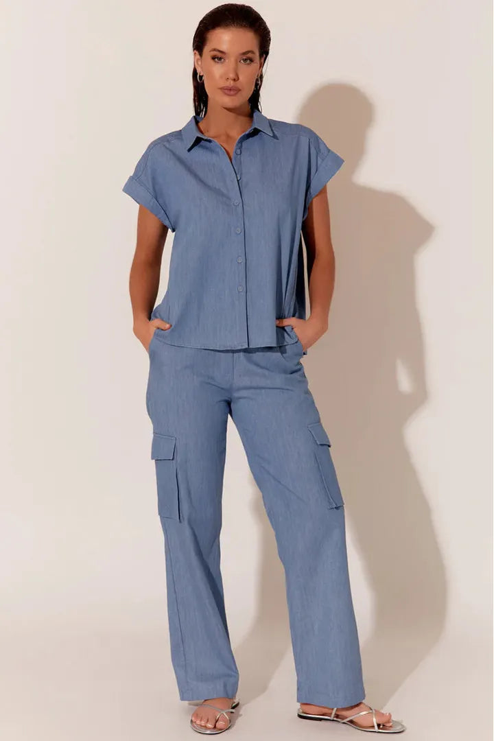 Alicia Pleat Black Shirt Blue