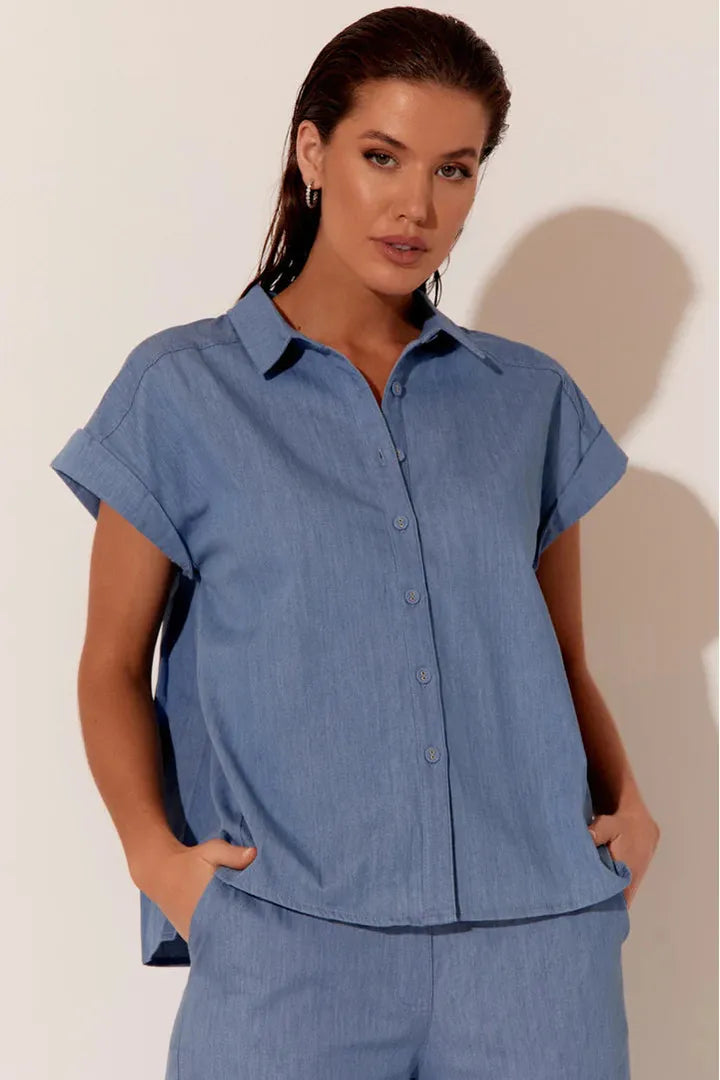 Alicia Pleat Black Shirt Blue