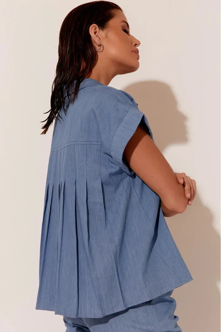 Alicia Pleat Black Shirt Blue