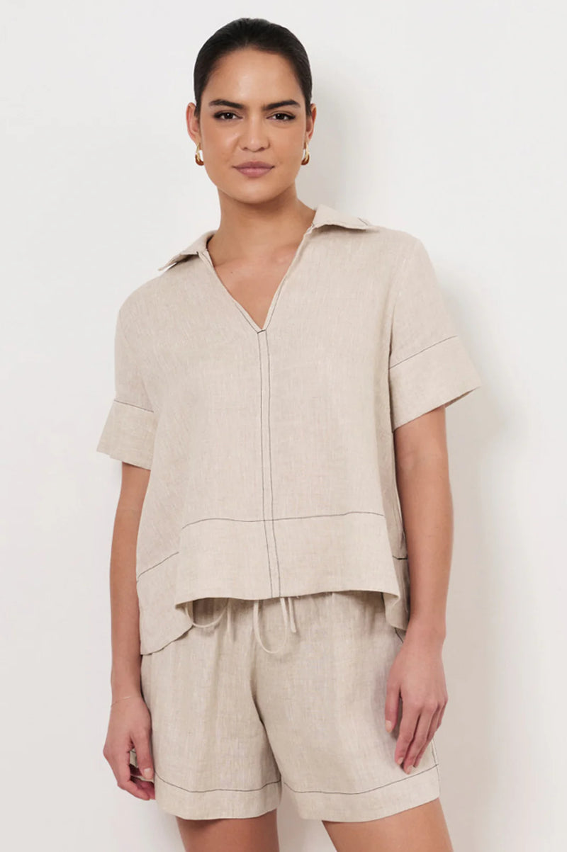 Solace Contrast Stitch Linen Top Natural