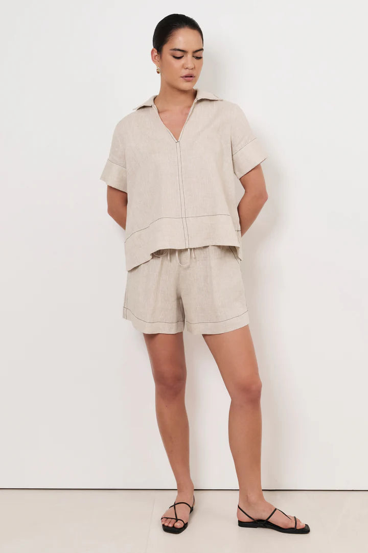 Solace Contrast Stitch Linen Top Natural