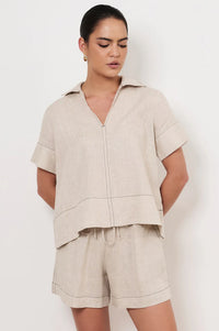 Solace Contrast Stitch Linen Top Natural