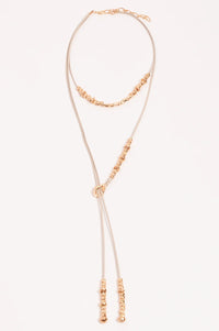 Long Layered Cord Metal Bead Necklace Camel