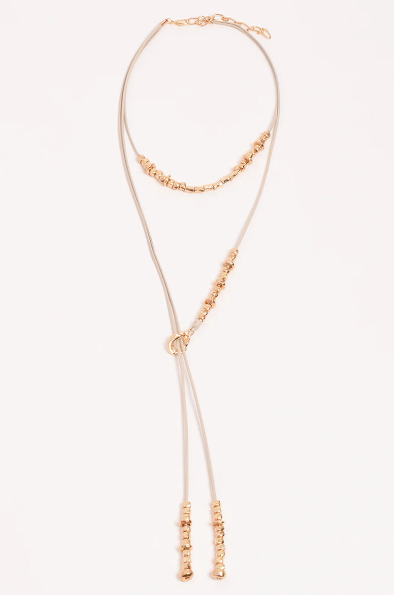 Long Layered Cord Metal Bead Necklace Camel