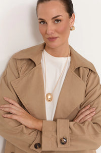 Oval Pendant Adjustable Leather Necklace Camel Gold