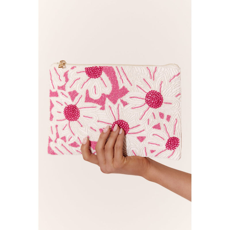 Bold Beaded Floral Clutch Pink
