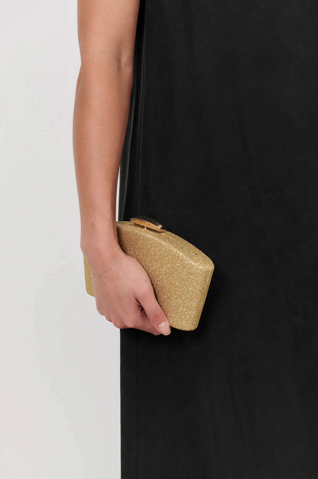 Valencia Glitter Curve Top Structured Clutch Gold