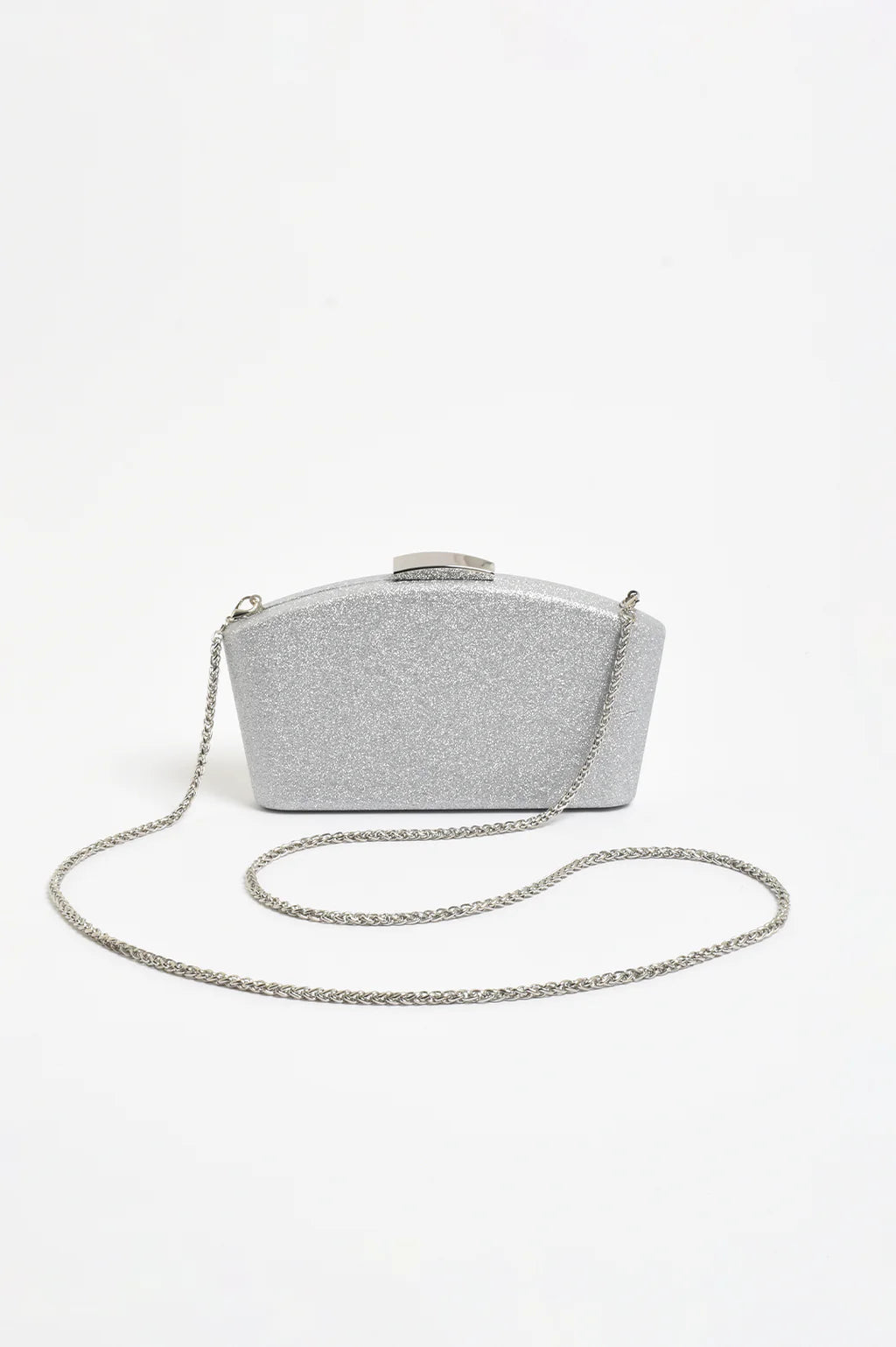 Valencia Glitter Curve Top Structured Clutch Silver