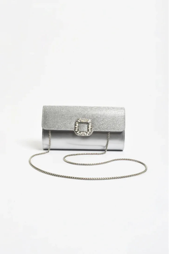 Dolores Diamante Clasp Foldover Clutch Silver
