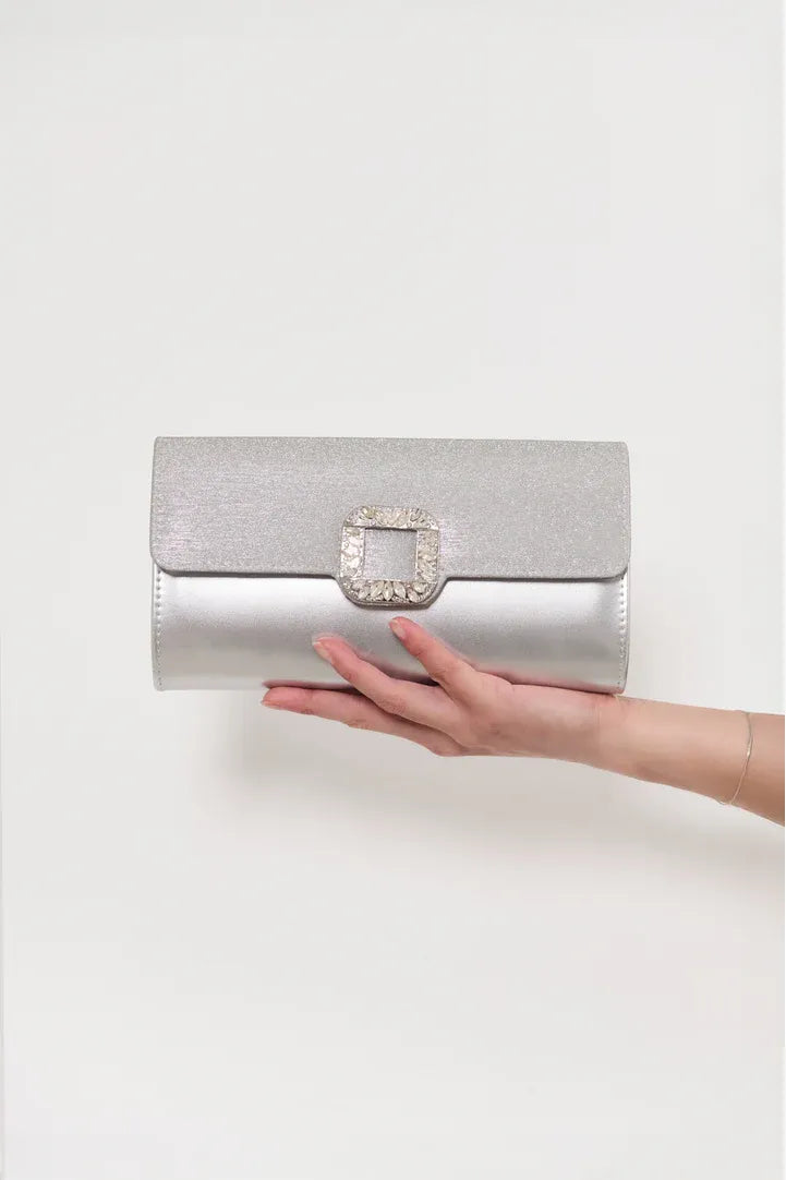 Dolores Diamante Clasp Foldover Clutch Silver