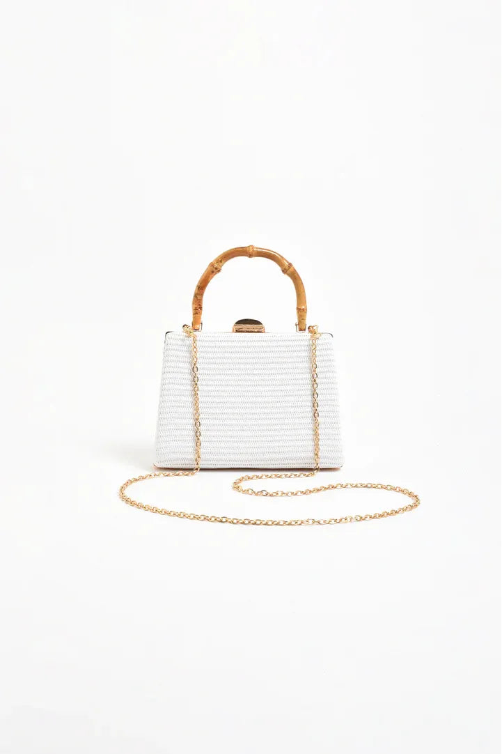 Bamboo Handle Weave Small Bag White